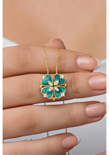 Nereze 925 Ayar Gümüş Mıknatıslı Ayrılabilir Gold Yeşil Mineli 4 Kalpli Yonca Kolye