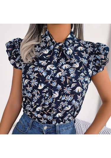 Gmxıa Kadın Modası Rahat Yaz Çiçek Desenli Kolsuz V Yaka Bluzlar Ve Ahşap Kulak Kenarlı Fiyonklu Şifon Gömlekler Koyu Mavi