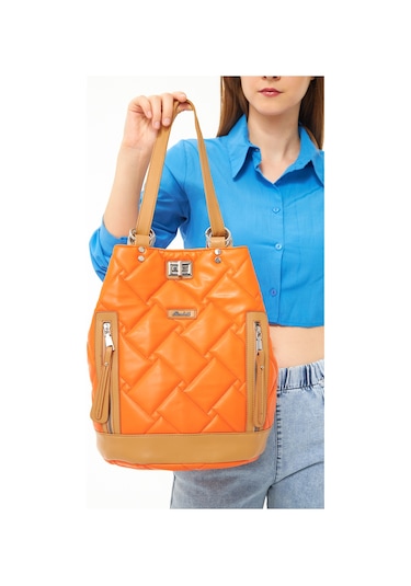 Morpelikan Orange Kapitone Nakışlı Kadın Sırt Çantası Orange