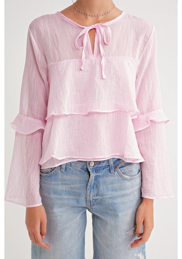 4735 Kadın Uzun Kollu Fırfırlı Bağlamalı Bluz Pembe Pembe