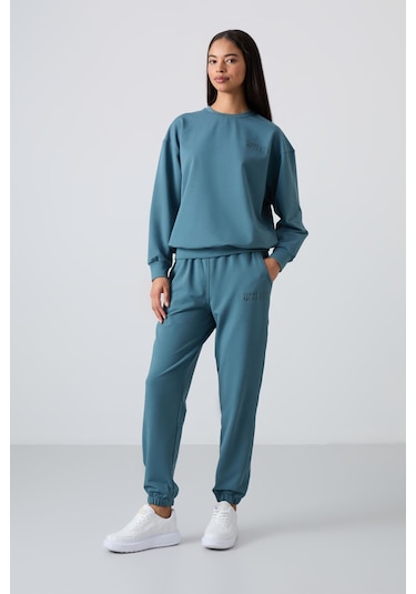 Tommy Life Orman Yeşili Basic Pamuklu O Yaka Oversize Lastik Paça Kadın Eşofman Takım - 95287 Yeşil