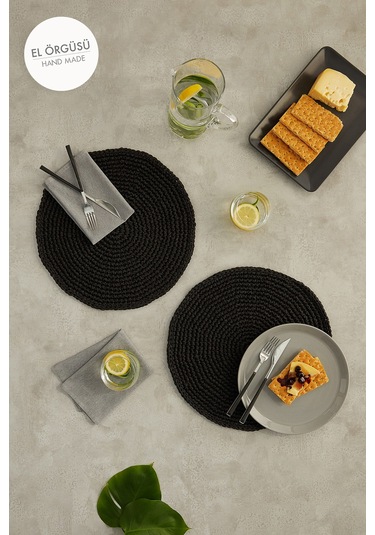 Ocean Home Textile 2 Adet Rafya Sofra Sunum Tabak Altlığı Supla Amerikan Servisi 36 x 36 CM Siyah