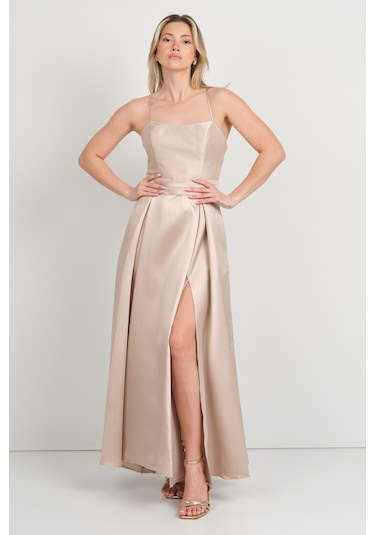 Doridorca Kadın İp Askılı Sırttan Bağlamalı Tafta Kumaş Abiye Elbise 7078 Bej Bej