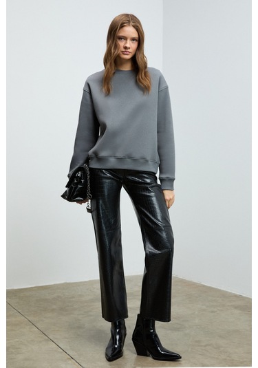 Grımelange Vaneltına Kadın Organik Pamuklu Yumuşacık İçi Polarlı Yuvarlak Yakalı Gri Sweatshirt Gri