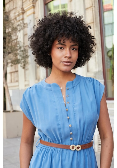 Kadın Yumuşak Dokulu İpeksi Modal Kumaş Hakim Yaka Beli Lastikli Önü Düğmeli Diz Altı Elbise-indigo Indigo