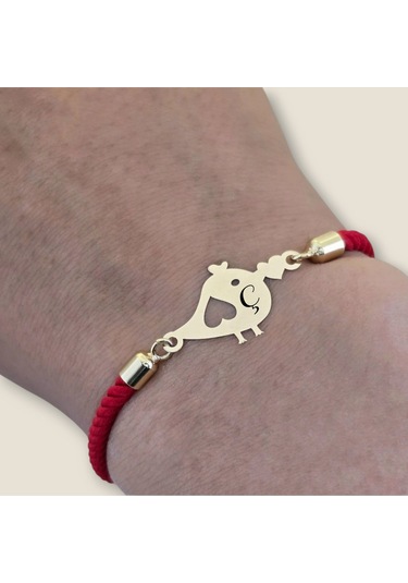 Archin Ç Harfine Özel Minik Kuş Motifli Kırmızı Örgülü 14 Ayar Altın Plakalı Hediye Bileklik-363harf Ç