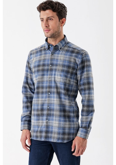 Koyu Mavi Uzun Kollu Ekoseli Gabardin Sert Yaka Cepli Garnili Casual Comfort Fit Gömlek 1004235112-koyu Mavi Koyu Mavi