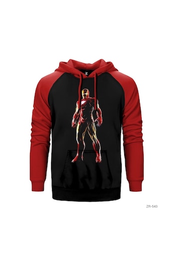 Iron Man Neon Kırmızı Reglan Kol Kapşonlu Sweatshirt Kırmızı