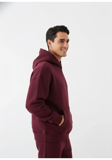 Erkek Bordo Oversize Hoodie Sweatshirt Bordo