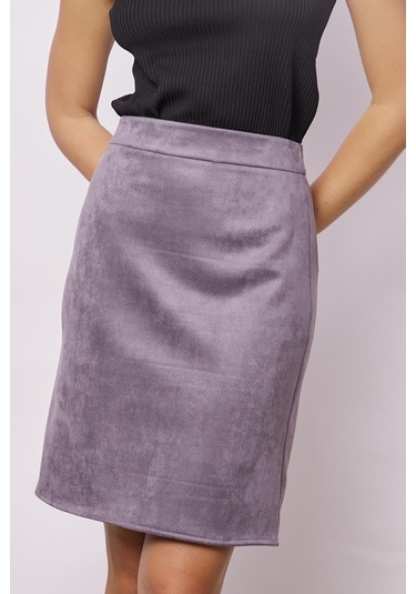 Kadın Hafif Likralı Süet Kumaş Yüksek Bel Diz Üstü Kalem Etek-gri Gri