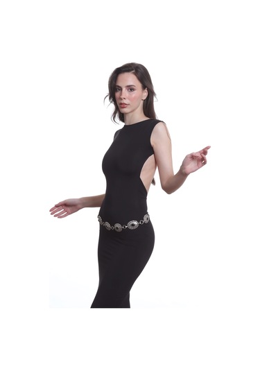 Labalaba Kadın Antik Gümüş Kaplama Siyah Boncuklu Bohem Bel Kemeri, Bel Kolyesi Gümüş