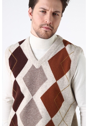 Ferraro A.Bej Baklava Desenli V Yaka %100 Kuzu Yünü Erkek Süveter