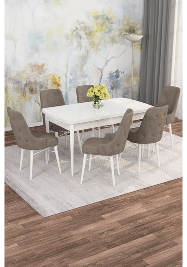 Mona Beyaz 80x132 Açılabilir Mdf Masa Yemek Odası Takımı, Mutfak Takımı 6 Adet Sandalye Beyaz Masa - 6 Cappuccino - Beyaz Ayak