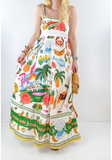 Özel Baskı Maxi Şifon Elbise Çok Renkli