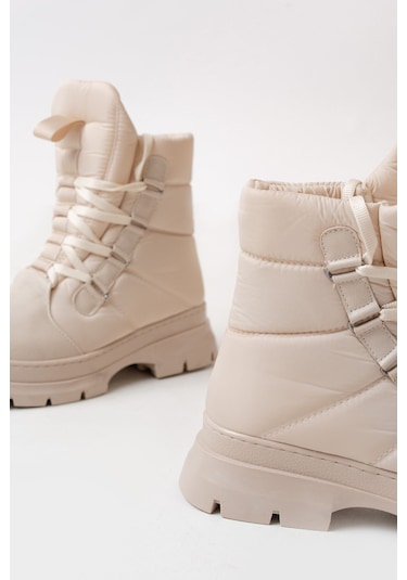 Asm-083 Bej Bağcıklı Su Geçirmez Kadın Kar Botu Beyaz