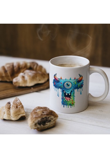 T Harfi Bardak, Sevimli Canavarlar Harflı Bardak Hediyesi Porselen Beyaz