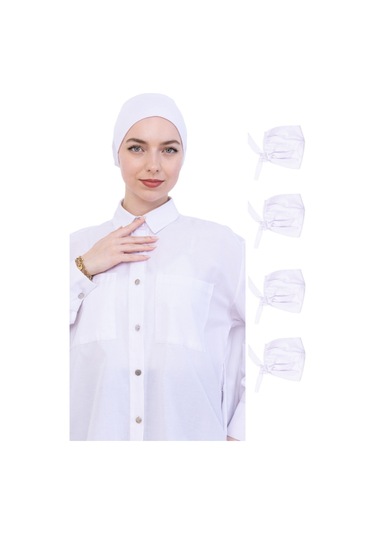 Kadın Tesettür Bone Bağcıklı Dikişsiz Penye 4 Parça Set Beyaz