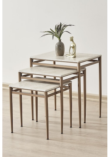 Damrin Serisi Traverten Desen 1. Sınıf Mebran Mdf 3 Lü Zigon Sehpa Takımı Traverten Desen - Bronz Ayak