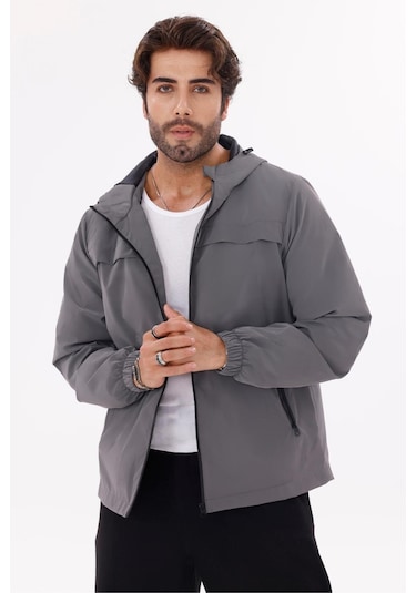 Erkek Kapüşonlu Nova Kumaş Hafif Ve Dayanıklı Şık Mevsimlik Su Ve Rüzgar Geçirmez Yağmurluk Antrasit