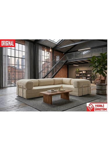 Herev Max 300x200 Kk Köşe Koltuk Takımı / Fitilli Kadife Kumaşlı Şark Köşe Ekru