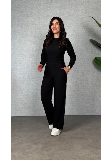 Kadın Uzun Kol Bisiklet Yaka Bürümcük Bluz Ve Pantolon Ikili Takım Siyah