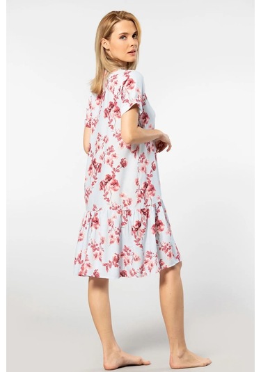 Türen 3603 Kadın Kısa Kollu Dokuma V Yaka Önden Düğmeli Elbise-mavi Mavi