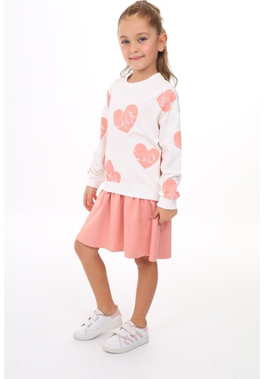 Toontoy Kız Çocuk Baskılı Elbise Koyu Pudra