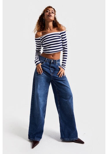Itsbasic Kadın Koyu Mavi Renk 2w5-5 Süper Baggy Fit Bol Kesim Orta Bel %100 Koton Denim Jean