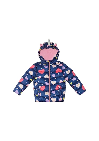 Denokids Unicorn Kız Çocuk Su İtici Kapüşonlu Şişme Mont Lacivert Çok Renkli