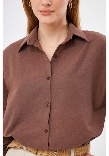 Armonika Kadın Kahve Oversize Uzun Basic Gömlek Arm-22y001118