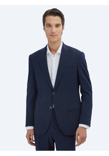 Lacivert Kareli Modern Fit Yün Karışımlı Takım Elbise Lacivert