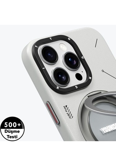 iPhone Uyumlu 15 Pro Kılıf Magsafe Şarj Özellikli 360 Standlı Deri Desenli Youngkit Tech Leather Serisi Gri