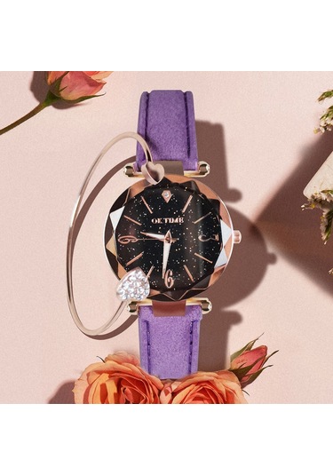 Kadın Saat Seti Bilezik Moda Aydınlık Eller Dişli Hareket Retro Kuvars Kol Saati Mor Diğer
