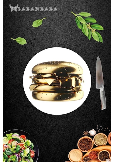 Altın Burger Cam Kesme Tahtası - Sunum Tabağı Çap 20