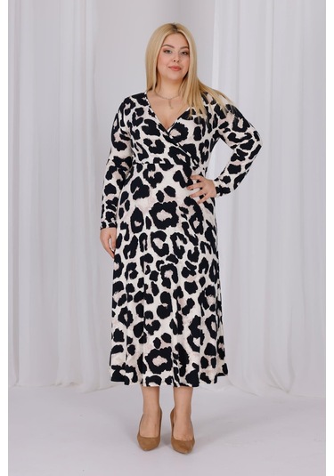 Kadın Vizon Siyah Leopar Desen Kruvaze Yaka Büyük Beden Esnek Maxi Elbise Vizon