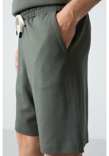 Haki Pamuklu Kalın Yumuşak Dokulu Oversize Fit Basic Erkek Şort Takım - 85257