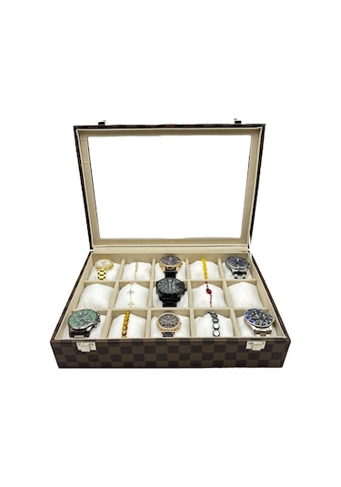 Saat Kutusu 15 Bölmeli Camlı Organizer Ekose Tasarım