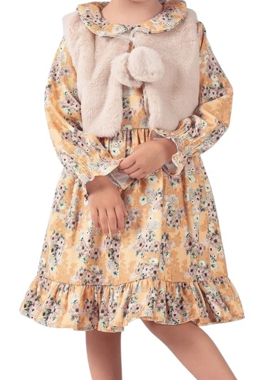 Kız Çocuk Çiçek Desenli Peluş Yelekli Midi Boy Astarlı Elbise Hardal