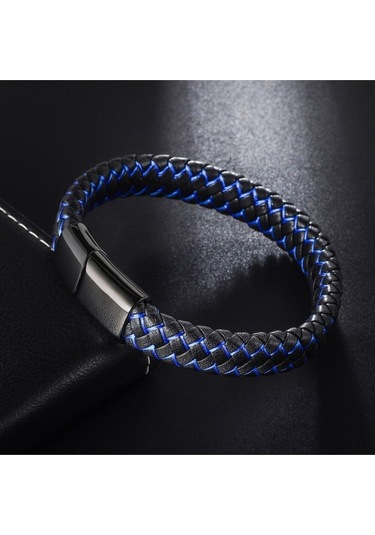 Casera's Mavi Siyah Deri Örgü Ve Çelik Erkek Bileklik Csr2220029