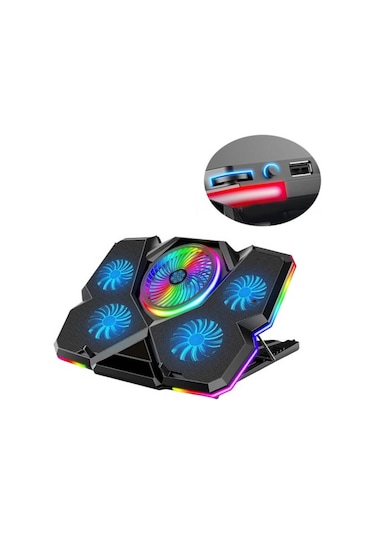 RGB Işıklı 5 Fanlı Notebook Soğutucu Mavi Ledli Telefon Tutuculu