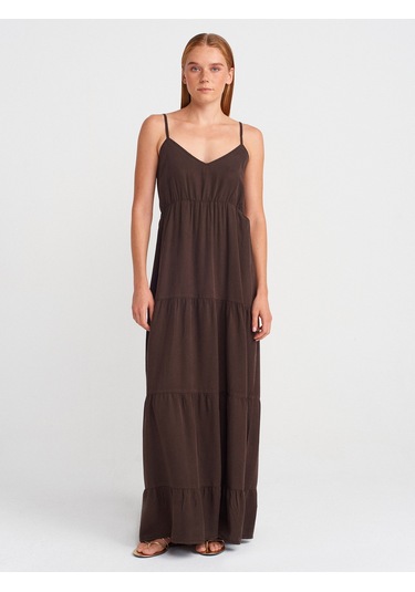 Dilvin 90573 Büzgülü Uzun Denim Elbise-kahve Kahve