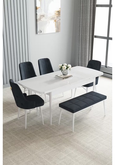Loft Beyaz 80x132 Açılabilir Mdf Masa Yemek Odası Takımı, Mutfak Takımı 4 Sandalye, 1 Bench Antrasit