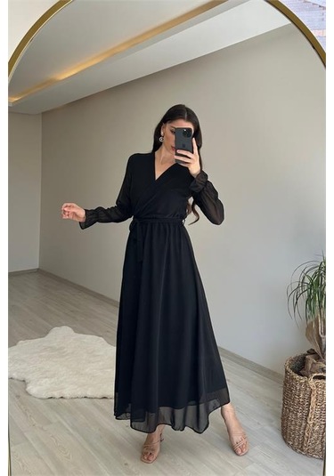 Neşeli Butik Kadın Uzun Kollu Kuşaklı Maxi Şifon Elbise Nm001 Siyah