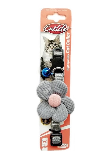 Catlife Çıngıraklı Çiçekli Kedi Boyun Tasması Gri 30 CM