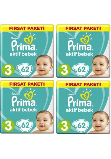Prima Pampers Aktif Bebek Fırsat Paketi Midi Bebek Bezi 6-10 KG 3 Beden 4 x 62 Adet 4'lü