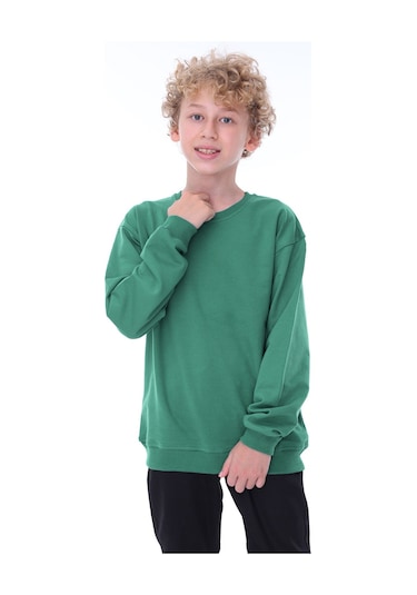 Zuzunga Oversize Unisex Basic Düz Yeşil Renk %100 Pamuk Çocuk Sweatshirt Yeşil