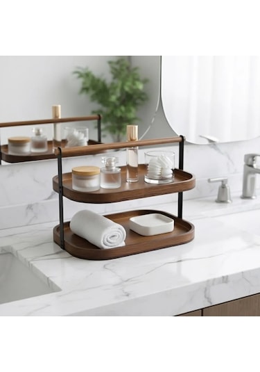 Qerhome 2 Katlı Akasya Stand / Sunumluk / Çok Amaçlı Organizer Doğal Ahşap İki Katlı Servis Ahşap