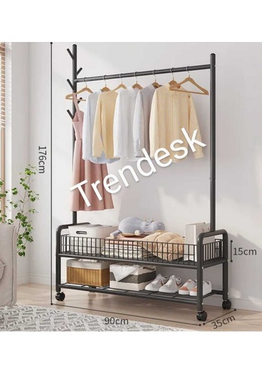 Metal Siyah 2 Raflı Raflı Konfeksiyon Askılığı Ayaklı Elbise Askılığı 176cm Siyah