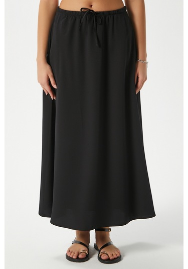 Kadın Trend Modal Serin Kumaş Siyah Bel Lastikli Cepli Rahat Kalıp Uzun Etek