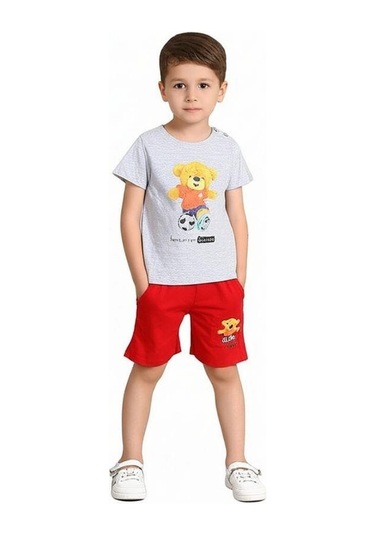 Erkek Bebek Ayıcıklı Pamuklu Şortlu Takım-15829 Gri